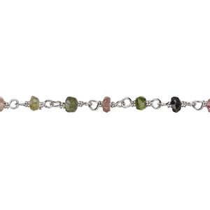 Chain 1pkg1 rhodium-plated sterling silver / multi-tourmaline (natural) beaded, 3.5x2mm-4x2.5mm faceted hand-cut rondelle, 36 inch