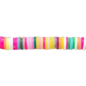 Bead, polymer clay, opaque multicolored, 6x1-1/2mm heishi. Sold per pkg of (2) 16-inch strands.