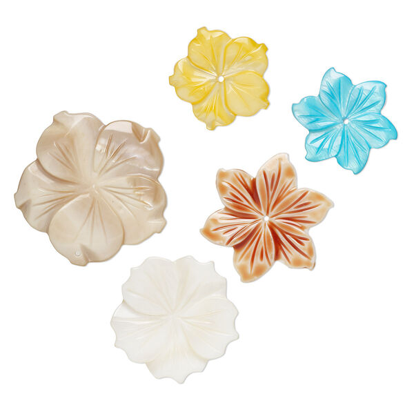 Bead / focal / component mix, mother-of-pearl shell (natural / bleached / dyed / coated), mixed colors, 24x23mm-37x35mm top- / center- / undrilled carved flower, Mohs hardness 3-1/2. Sold per pkg of 5. image number 0