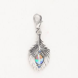 Charm "pewter" zinc-based alloy crystal 1pk 21x13mm feather lobster claw clasp, silver finish sapphire jet AB