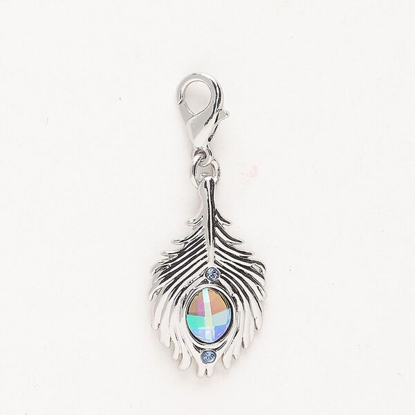 Charm "pewter" zinc-based alloy crystal 1pk 21x13mm feather lobster claw clasp, silver finish sapphire jet AB image number 0