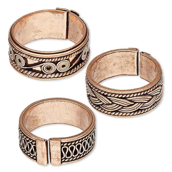 Ring mix, antiqued copper, 8-9mm band with assorted design, adjustable 7.5 size or larger. Sold per pkg of 3. image number 0