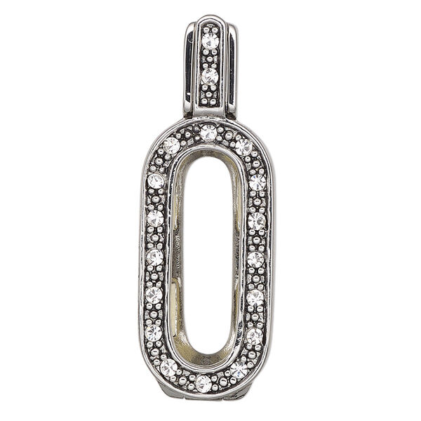 Pendant, Almost Instant Jewelry®, antique silver-plated brass / crystal / rubber, crystal clear, 34.5x12mm single-sided hinged oval with 21x7mm long classical oval setting. Sold individually. image number 0