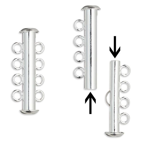 Clasp, 4-strand slide lock, silver-plated brass, 26x6mm tube. Sold per pkg of 10. image number 0