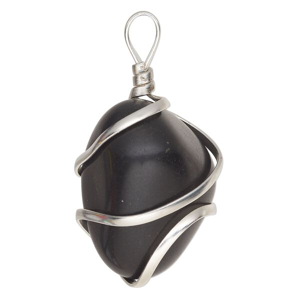 Pendant, black agate (dyed) and silver-plated copper, medium to large hand-cut wire-wrapped tumbled nugget. Sold individually. image number 0