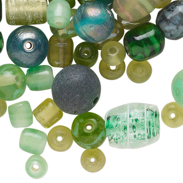 Bead mix, lampworked glass, opaque and translucent multi-green, 6x4mm-13x11mm mixed shapes. Sold per 3-ounce pkg, approximately 130 beads. image number 0