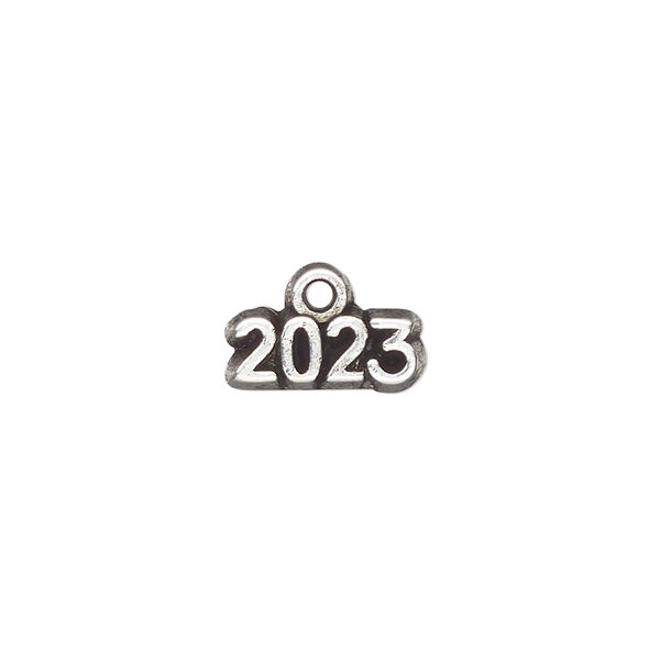 Charm, antique silver-plated "pewter" (tin-based alloy), 13x5mm single-sided "2023". Sold per pkg of 2. image number 0