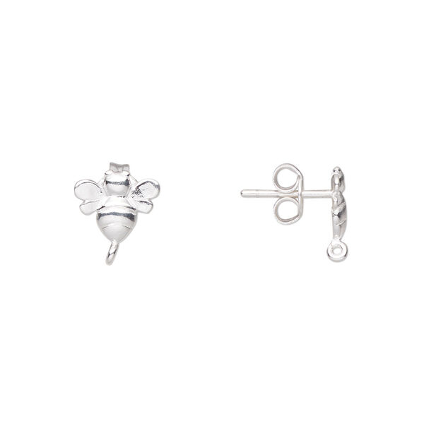 Earstud, Amoracast®, sterling silver, 9x8mm bee with loop. Sold per pair. image number 0