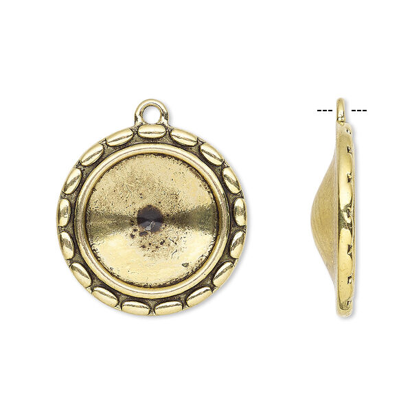 Drop, Almost Instant Jewelry®, antique gold-finished "pewter" (zinc-based alloy), 23mm round with scalloped design and 16mm rivoli setting. Sold per pkg of 6. image number 0
