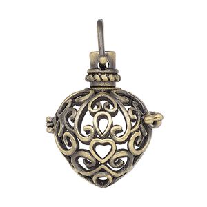 Drop, antique brass-finished brass, 29x20.5mm heart bead cage with fancy heart cutouts and safety latch, fits 14mm round bead. Sold individually.