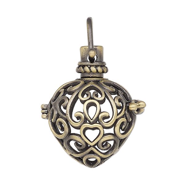 Drop, antique brass-finished brass, 29x20.5mm heart bead cage with fancy heart cutouts and safety latch, fits 14mm round bead. Sold individually. image number 0