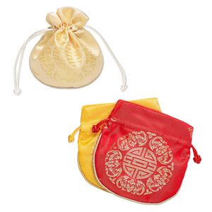Gift pouch mix, imitation silk, red / dark gold / gold, 4-1/2 x 4 inches brocade with embroidered Chinese "Long Life" symbol and drawstring. Sold per pkg of 3.