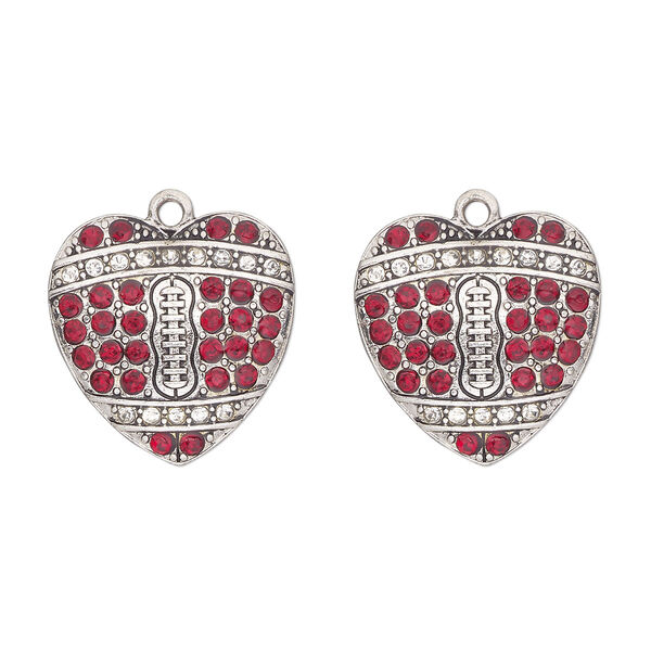 Charm, antique silver-finished "pewter" (zinc-based alloy) and glass, clear and red, 23x22mm single-sided heart with "football pattern". Sold per pkg of 2. image number 0