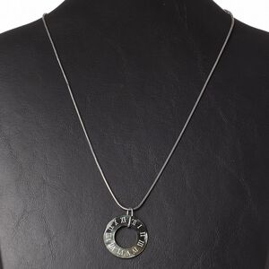 Necklace, black lip shell (natural) / steel / antiqued silver-finished brass, 30mm clock, 18 inches with 2-inch extender chain and lobster claw clasp. Sold individually.