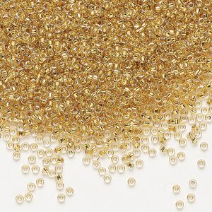 Seed bead, Miyuki, glass, pkg/4g, #15 rocaille, translucent 24Kt gold-lined crystal gold, (RR-195).
