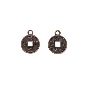 Charm, antique copper-plated "pewter" (zinc-based alloy), 10mm Chinese coin replica. Sold per pkg of 50.