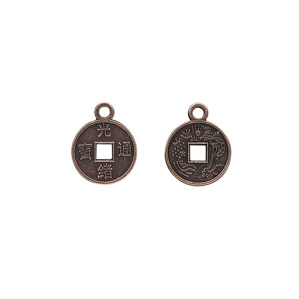 Charm, antique copper-plated "pewter" (zinc-based alloy), 10mm Chinese coin replica. Sold per pkg of 50. image number 0