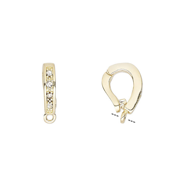 Bail, Czech glass rhinestone and gold-plated brass, clear, 12x3mm single-sided hinged oval with closed loop, 6mm grip length. Sold per pkg of 2. image number 0