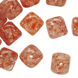 Bead, ice flake resin, translucent yellow and orange, 15x15mm-17x17mm rounded cube. Sold per 1/4 pound pkg, approximately 30 beads.