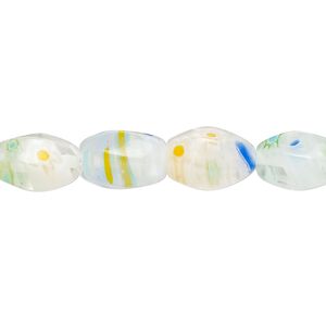 Bead, millefiori glass, translucent multicolored, 12x8mm 6-sided twisted oval. Sold per 15-inch strand, approximately 30 beads.