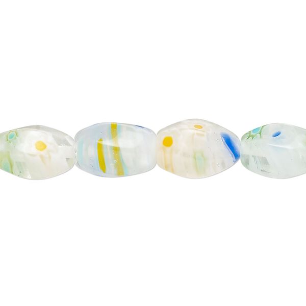 Bead, millefiori glass, translucent multicolored, 12x8mm 6-sided twisted oval. Sold per 15-inch strand, approximately 30 beads. image number 0