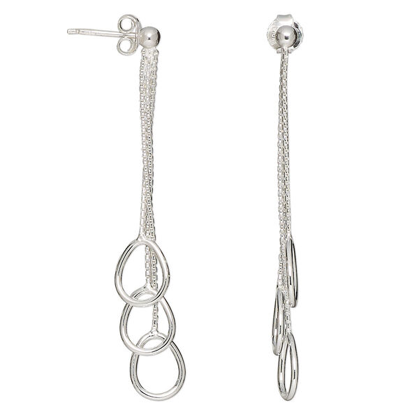 Earring, sterling silver, 49mm 3-chain dangle with pear-shaped drops and earpost. Sold per pair. image number 0