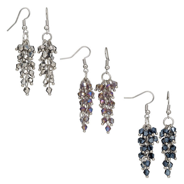 Earring mix, glass and silver-plated steel, amethyst purple AB / black AB / silver-grey AB, 2 inches with fishhook ear wire. Sold per pkg of 3 pairs. image number 0