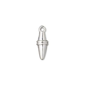 Drop, silver-coated plastic, 15x6mm double cone. Sold per pkg of 6.