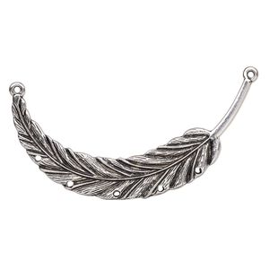 Connector, antique silver-finished "pewter" (zinc-based alloy), 3-1/4 x 1-1/2 inch single-sided curved feather with 5 holes and 2 loops. Sold individually.