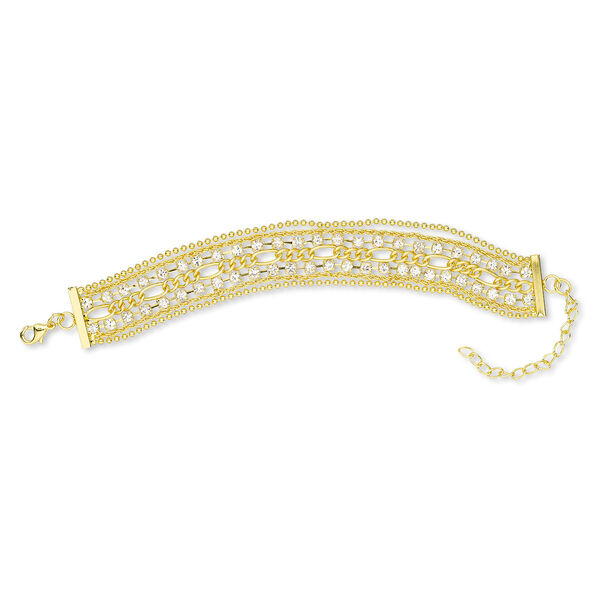 Bracelet, 7-strand, glass rhinestone / gold-finished brass / steel / "pewter" (zinc-based alloy), clear, 20mm wide, 6-1/2 inches with 2-1/2 inch extender chain and lobster claw clasp. Sold individually. image number 0