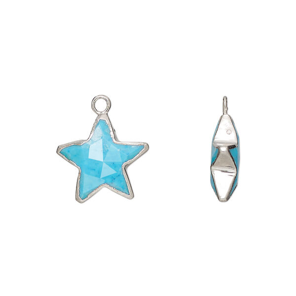 Drop, silver-plated "turquoise" (resin) (imitation) and electroplated sterling silver, 12-13mm hand-cut double-sided faceted star. Sold individually. image number 0