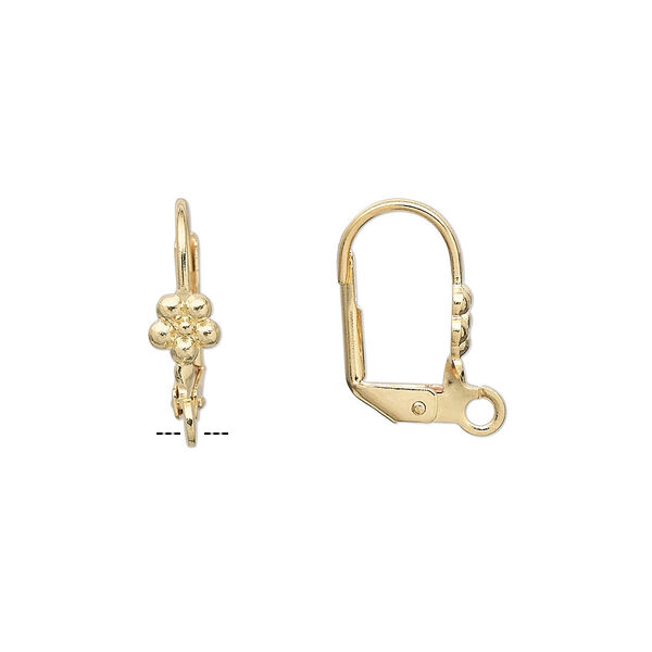 Ear wire, gold-plated brass, 16mm leverback with 5mm flower and open loop. Sold per pkg of 5 pairs. image number 0