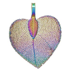 Pendant, copper-plated brass and Indian rubber wood, rainbow, 30x27mm-34x27mm double-sided heart. Sold individually.