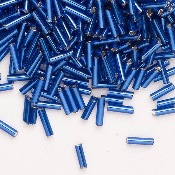 Bead, Ming Tree™, bugle bead, glass, pkg/1/4 pound, 1/4 inch, silver-lined translucent navy blue. image number 0