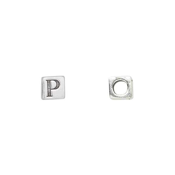Bead, sterling silver, 5.5mm cube with alphabet letter "P." Sold individually. image number 0