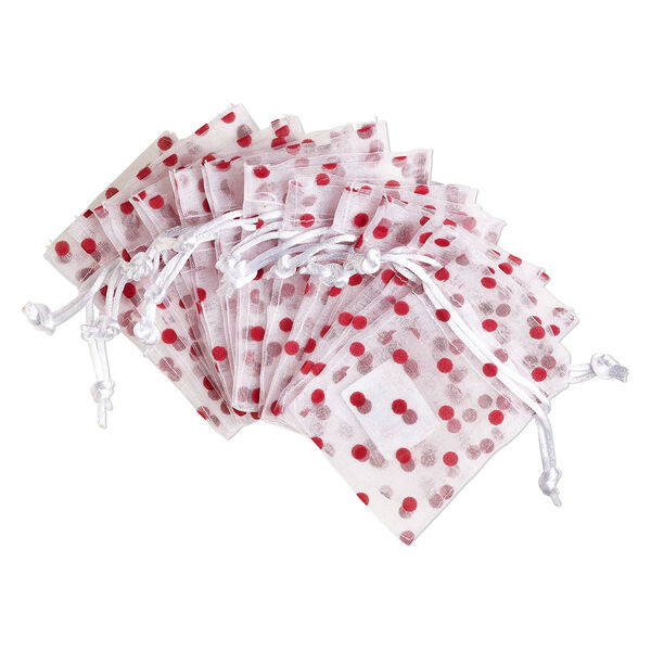 Pouch, flocked organza, white and red, 4x3 inches with dots pattern and drawstring closure. Sold per pkg of 12. image number 0