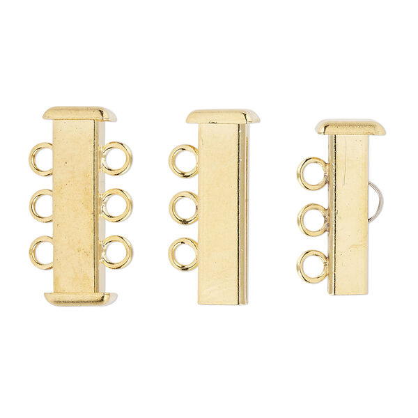 Clasp, 3-strand slide lock, gold-plated brass, 21x7mm rectangle tube. Sold per pkg of 4. image number 0