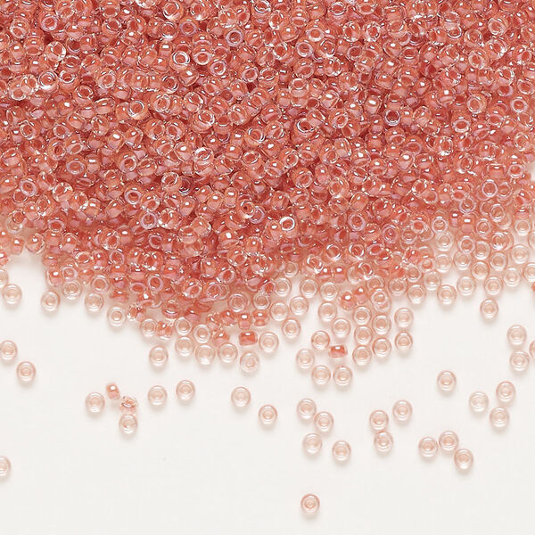 Seed bead, Miyuki, glass, pkg/250g, #15 rocaille, translucent salmon-lined luster crystal clear (RR-214). image number 0