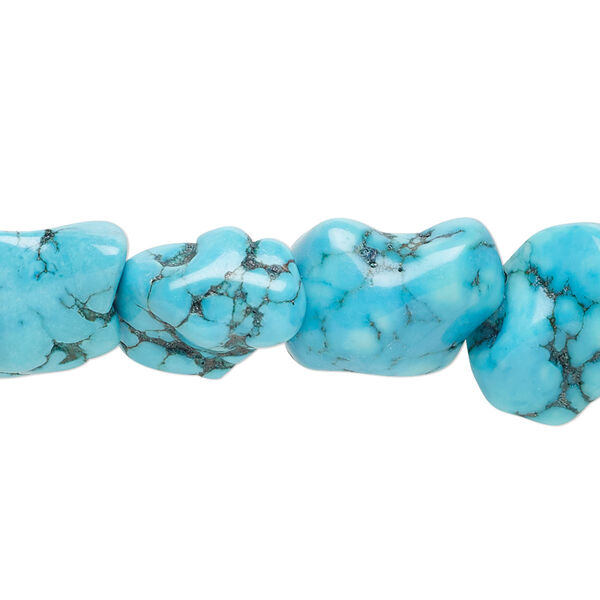 Bead, turquoise / magnesite / "turquoise" (resin) (dyed / stabilized / imitation), green, small to large nugget, Mohs hardness 5 to 6. Sold per 15-inch strand. image number 0