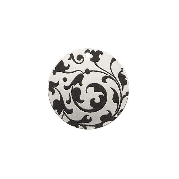 Drop, imitation rhodium-finished carbon steel, black, 20mm single-sided round with vine design. Sold per pkg of 4. image number 0