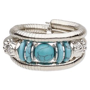 Bracelet, magnesite (dyed / stabilized) / steel memory wire / silver-coated plastic / silver-plated steel, blue, 35mm wide spiral, 7-inch adjustable. Sold individually.