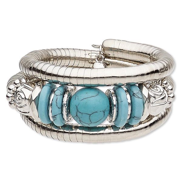 Bracelet, magnesite (dyed / stabilized) / steel memory wire / silver-coated plastic / silver-plated steel, blue, 35mm wide spiral, 7-inch adjustable. Sold individually. image number 0