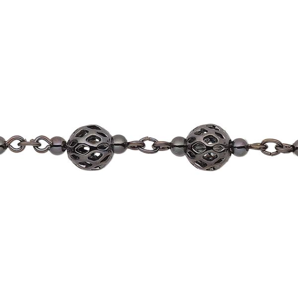 Chain, gunmetal-plated brass, 6mm beaded filigree. Sold per pkg of 5 feet. image number 0