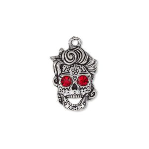 Charm, cubic zirconia and antique silver-plated white brass, red, 19x14mm single-sided skull with cutout. Sold per pkg of 2.