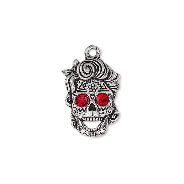 Charm, cubic zirconia and antique silver-plated white brass, red, 19x14mm single-sided skull with cutout. Sold per pkg of 2. image number 0