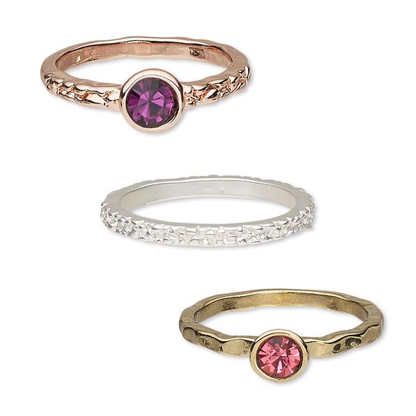 Ring, glass rhinestone / gold- / silver- / copper-finished "pewter" (zinc-based alloy), pink and purple, 2mm wide textured band / 2mm wide with 4mm faceted round / 2mm wide with 5mm faceted round, size 8. Sold per 3-piece set. image number 0