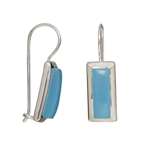 Earring, blue chalcedony (dyed) and sterling silver, 27x9mm with 15x5mm rectangle and fishhook ear wire with safety. Sold per pair. image number 0