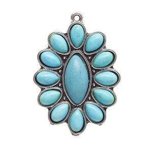 Focal, antique silver-finished "pewter" (zinc-based alloy) and "turquoise" (resin) (imitation), turquoise blue, 33x25mm single-sided oval with marquise cabochon. Sold per pkg of 2.