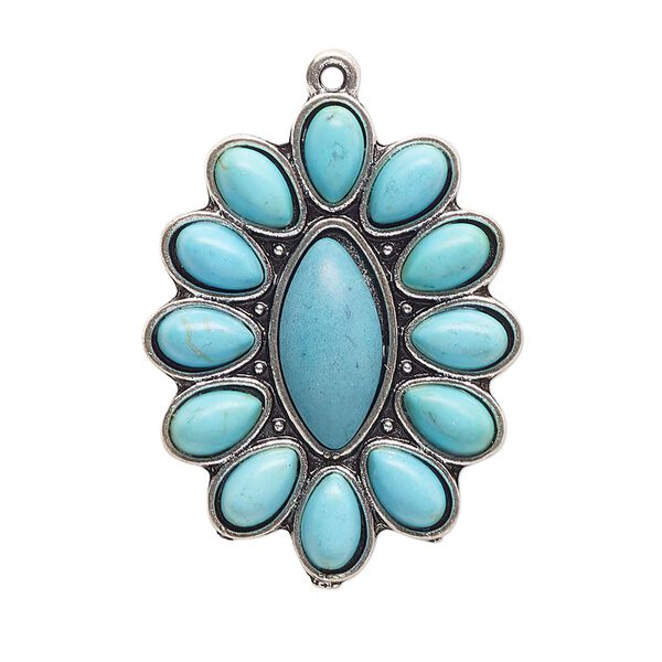 Focal, antique silver-finished "pewter" (zinc-based alloy) and "turquoise" (resin) (imitation), turquoise blue, 33x25mm single-sided oval with marquise cabochon. Sold per pkg of 2. image number 0