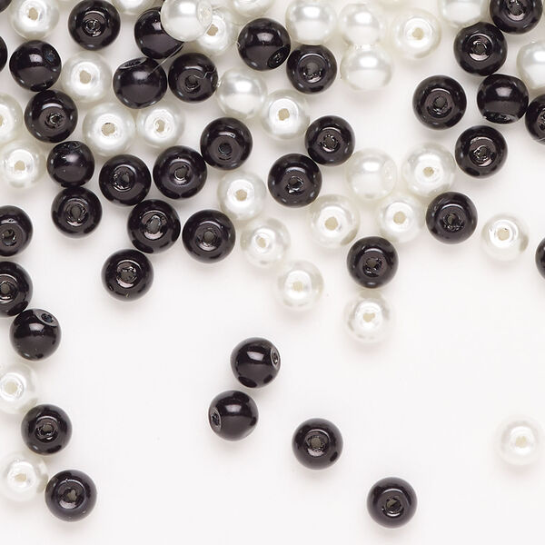 Glass pearl mix 1pkg250, black and white, 4mm round image number 0